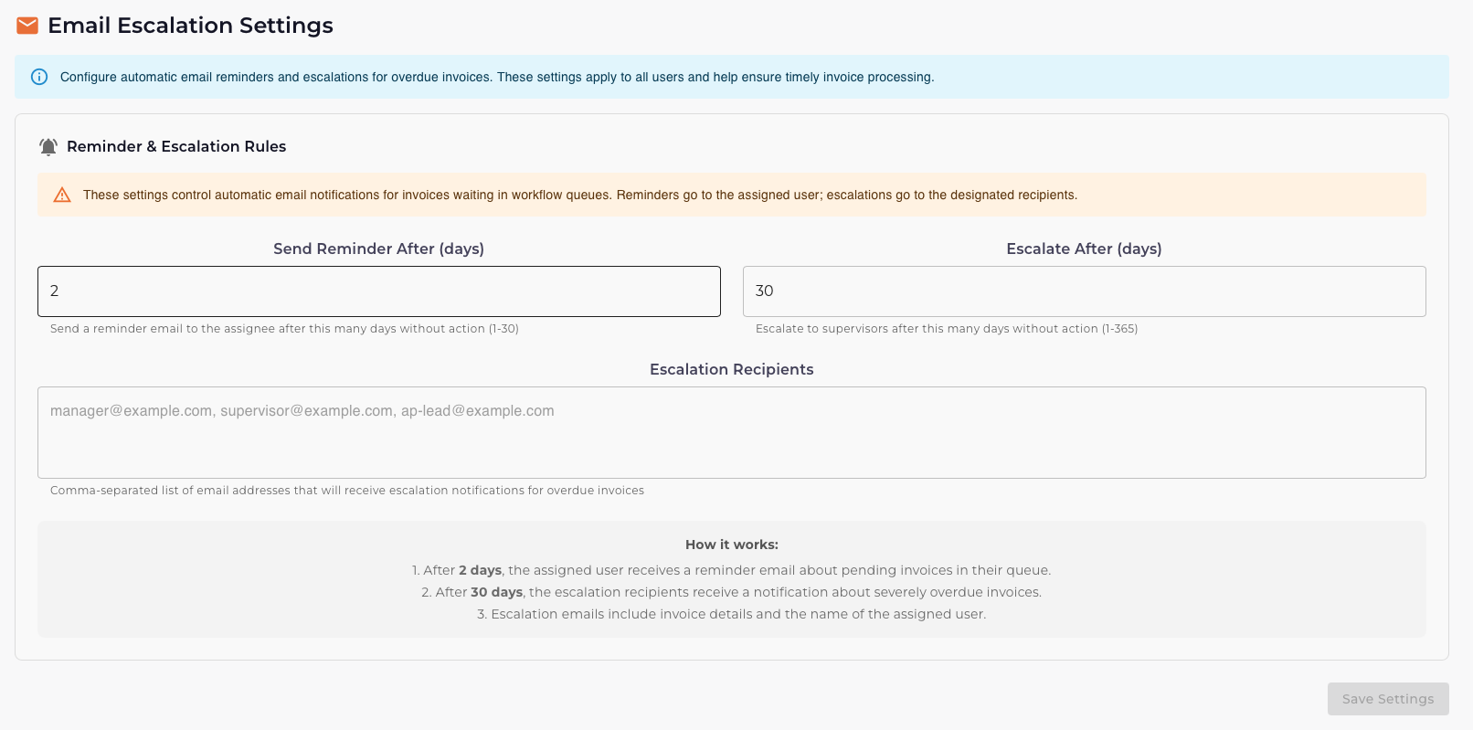 Email Escalation Settings